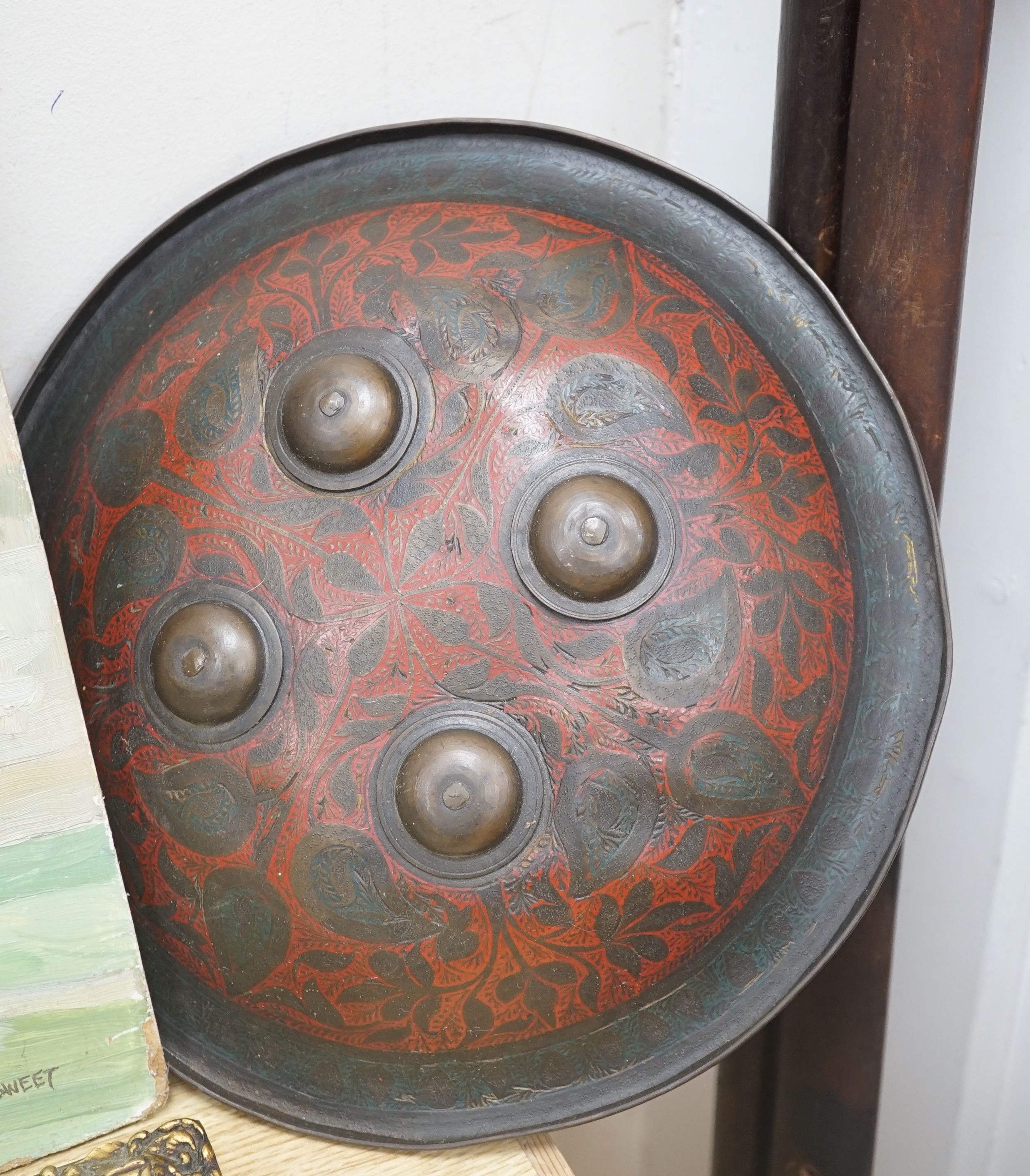A Persian enamelled shield and bow etc